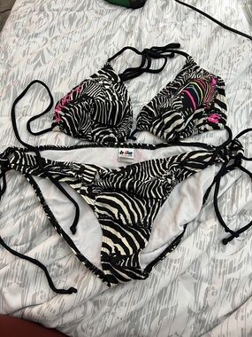 Billabong Black & White Zebra-Print Tie Bikini with Neon Accents